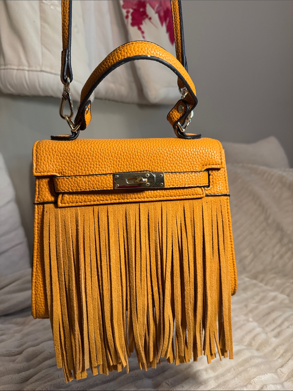 Fringe Top-Handle Clutch In Mustard Yellow